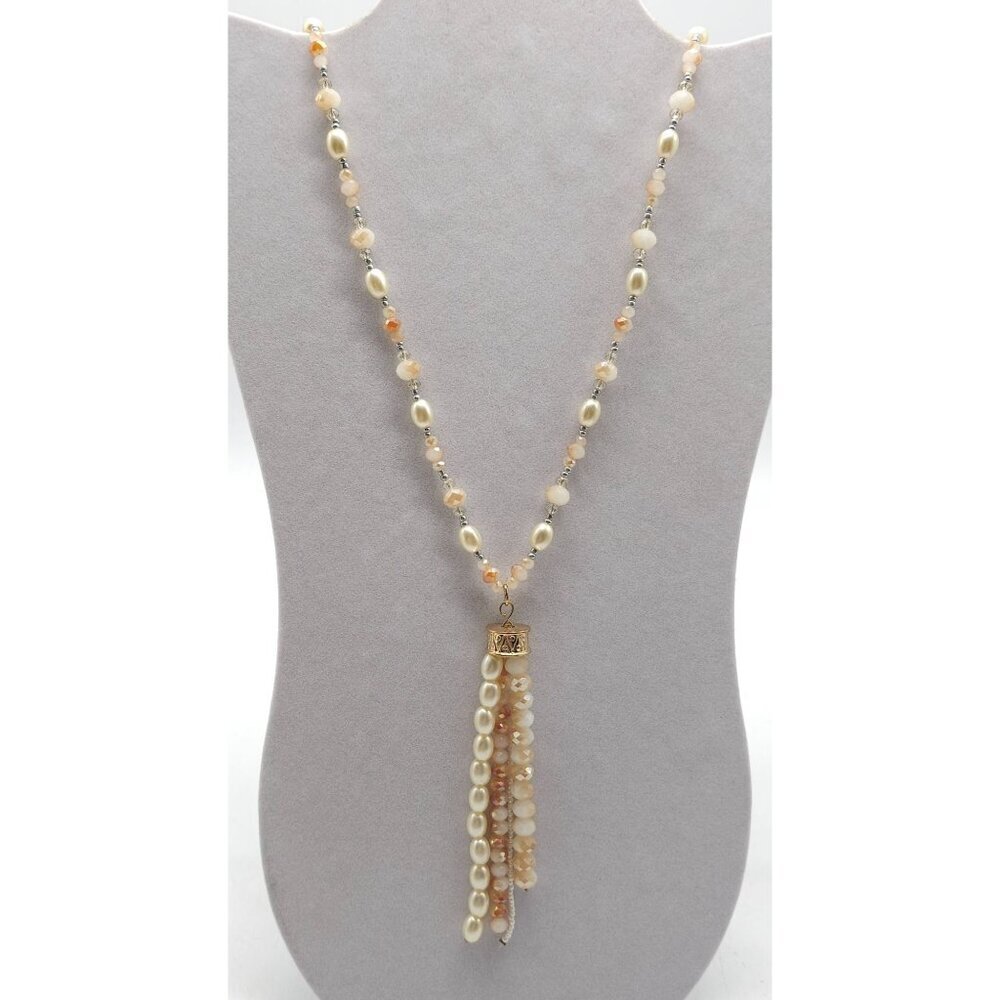 Beaded Tassel Necklace With Faux Pearls Faceted Beads In Cream Gold Tone